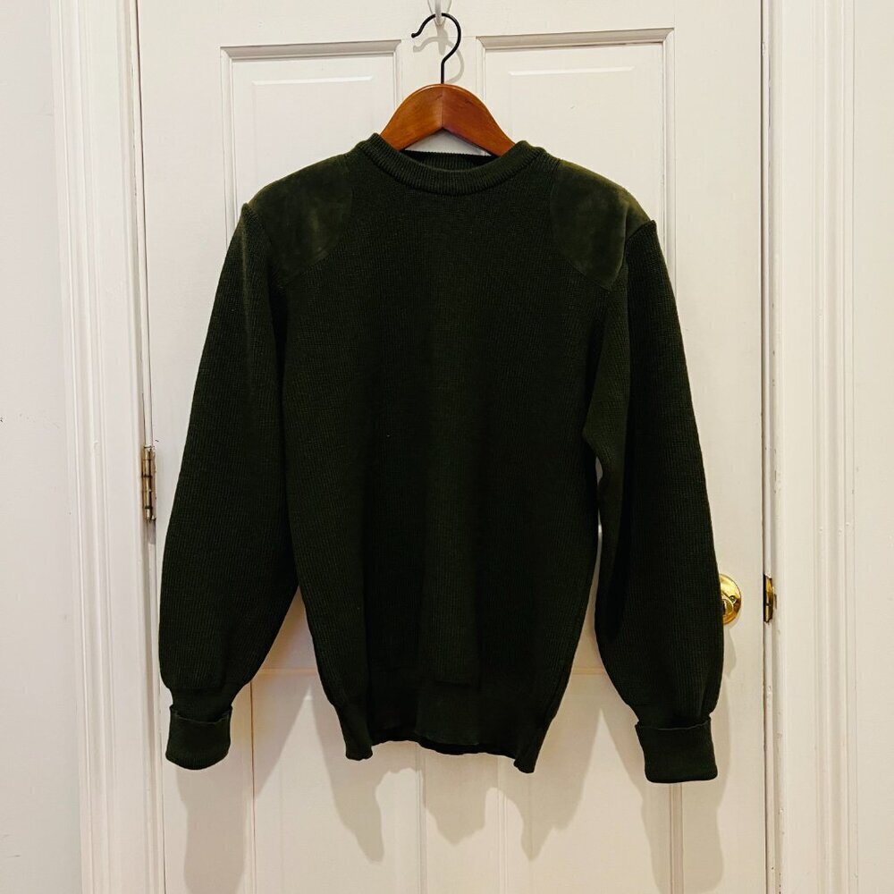Barbour 100% Wool Suede leather Shoulder & Elbow Patch Gun Sweater Size Medium - Picture 16 of 16